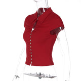FDYOUI 2026 Women's T-shirts Turn-down Collar Single Breasted Short Sleeve Crop Tops Female Hollow Out Red Tee Shirt Streetwear