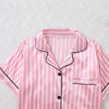 Large Size Women Pajamas Set Short-Sleeved Student Homewear Two-Piece Cardigan Lapel Senior Sense of Striped Short-Sleeved Short