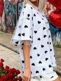 Summer T-Shirt Women Casual Loose Fit Stylish Love Heart Print Crew Neck Short Sleeve Tops