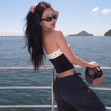FDYOUI Women's Summer Polka Dot Patchwork Black Corset Sexy Off Shoulder Slim Crop Tops Streetwear Y2K Girls Backless Tank Top