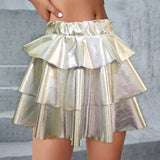 Women's Gold Metallic Tiered Mini Skirt Elastic High Waist Shiny Pu Ruffle Hem Party Skirts Dance Performance Festival Outfits