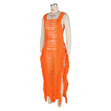 DEKA Women Knitted Tassel Beach Bikini Cover Up Backless Crochet Long Beach Dress Swimwear Side Split Hollow Out Sundress