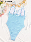 Deep V Neck Frilled Ruffled Halter Women Swimwear One Piece Swimsuit Female Monokini High Leg Cut Bather Bathing Suit Swim V8055