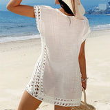New V Neck Short Sleeve Solid Crochet Knitted Tunic Beach Cover Up Cover-ups Beach Dress Beach Wear Beachwear Female Women V7914