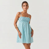 Women's Spaghetti Strap Mini Dress Striped Print Bow Sleeveless Babydoll Dress Summer Bohemian Holiday Beach Flowy Dresses