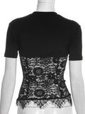 FDYOUI Woman Clothing Lace Patchwork Corset T-shirt 2026 Elegant Sexy Short Sleeve See-through Black Tops Y2K Girls T-shirts