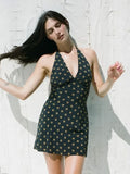 V Neck French Style Summer Women Dress Printed Boho Short Black Beach Dress Party Vintage Backless Tie Up Sexy Halter Dress 2025