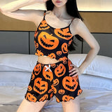 Sexy Halloween Pajamas Pumpkin Print Pajama Sets Suspender 2-piece Sleepwear Set Women's Pajamas European and American Home Wear