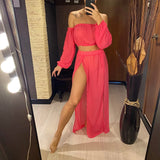 2026 Leopard Off Shoulder Long Sleeve 2 Pieces Set Beach Cover Up Cover-ups Beach Dress Beach Wear Beachwear Female Women V3728