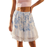 Women's Summer Bloomer Shorts Knee Length Floral Print Drawstring Elastic Waist Lace Trim Patchwork Casual Coquette Shorts