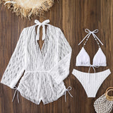 Sexy Mesh Long Sleeve Cover Up 3 Piece Bikini Set 2026 Swimwear Women White Pearls Strap Push Up High Waist Holiday Swimsuit
