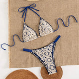 Sexy Blue Patchwork Knitted Bikini Set Women Halter Push Up Bra Thong Swimsuit 2026 Summer Bathing Suit Two Piece Swimwear