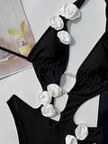 2026 V-neck Halter Monokini 3D Floral Swimsuit Women One Piece Hollow Swimwear Female Sexy Bathers Bathing Swimming Swim Suit