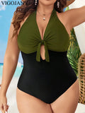 VigoJany 2026 Solid Patchwork Plus Size Swimwear Women Tied Halter Hollow One Piece Swimsuit Push Up Backless Big Bathing Suit
