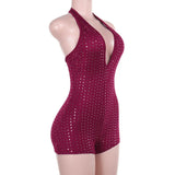 Sexy Halter Backless Rompers Short Jumpsuit Wine Red Black Deep V-neck Backless Lace-up Rhinestones Playsuit Female Bodysuit