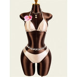 XS - L With Skirt 3D Flower Halter Bikini Women Swimwear Female Swimsuit Three-Pieces Bikini Set Bather Bathing Suit Swim V8065
