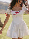 Foridol Bowknot White Summer Women's Dresses 2025 Square Collar Cotton Hollow Out Short Dress New in Vintage Beach Dress