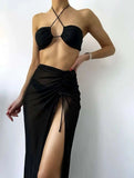 3 Pieces Thong Bikini 2026 Women With Dress Black Swimwear Female Halter Swimsuit Beach Wear Bathing Swimming Suit Summer
