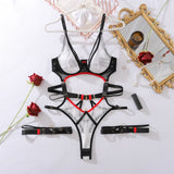 Toucheart Erotic Bodysuit Summer New Style Contrasting Color Thinmesh Steel Support Gathered Hollow Sexy Jumpsuit with Leg Rings