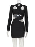 Ahagaga Sexy Club Women's Mini Dresses Solid Hollow Out V-Neck Regular Long Sleeves Sheath Bodycon Slim Fit Streetwear Vestidos