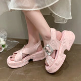 Fashion Crystal Buckle Platform Sandals Women Pink Embroidery Thick Heels Sandalias Mujer Comfortable Heightened Rome Sandals