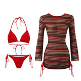 S - XL Striped Long Sleeve Cover Up Bikini Female Swimsuit Women Swimwear Bather Bathing Suit Swim Three-pieces Bikini set K8128