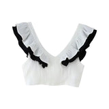 Women's Contrast Color V-Neck Ruffle Top And Skirt Women White Ruffle Trim Crop Top Skirt Casual Summer Outfit Pure Desire 0U19