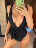 Sexy Wrap Around Bandage Women Swimwear One Piece Swimsuit Female Bather Deep V Neck Bathing Suit Swim Backless Monokini V1639C