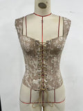 Sexy Khaki Floral Print Tank Top Women Summer Front Bandage Cross Slim Fishbone Camisole Vacation Y2K Slim Corset Streetwear