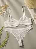 Solid color transparent lace stripe 2-piece set paired with sexy thong new women's underwear set girls Lingerie