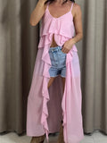 Summer Women Irregular Long Camisole Top Casual Ruffles Split V-Neck Spaghetti Straps Tank Tops Sleeveless Shirts