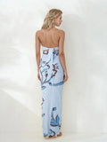 Women Floral Print Tie Backless Dress for Bohemian Party Evening Ring Cut Out Strapless Bodycon Long Dresses