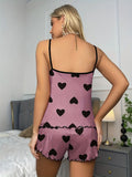 Women Heart Print Pajama Set Spaghetti Strap Cami Top and Shorts Soft Breathable Summer Sleepwear Casual Loungewear Set