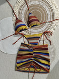 Sexy Coffee Striped Knitted Bikinis Sets 2026 Women Holiday Drawstring Side Skirt 3 Piece Swimsuit Summer Bathing Suit Swimwear