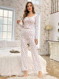 Spring Summer Sleepwear Women's Pajamas Floral Print Lettuce Trim Pajamas Set Tops and Long Trousers Loungewear Nightwear