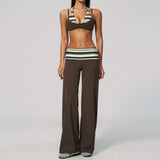 Fake Two-piece Sports Bra Yoga Sets Women Coffee Striped Patchwork Folding High Waist Wide Leg Pants Gym Running Fitness Suits