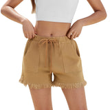 Women’s Summer Solid Color Washed Denim Shorts Casual Drawstring Elastic Waist Frayed Hem Loose Short Jeans Streeetwear