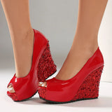 Plus Size Elegant Sequined White Chunky Platform Pumps Women's Black Pink Peep Toe Wedges High Heels Shoes for Party Wedding