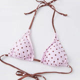 Women Summer 2 Pieces Bikini Swimsuits Dot Print Tie-Up Halter Neck Sleeveless Padded Bra Thong Bottoms Beach Bathing Suit Set