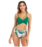 3 Colors Sexy Bikini Women Push Up Swimwear Swimsuit Striped Leaves Print Cross Straps Bowknot Backless High Waist Bikinis Set