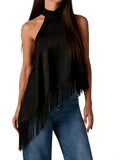 Women's Summer Solid Color Satin Halter Mock Neck Tops Sleeveless Tassel Hem Loose Fit Tank Tops