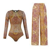 Colorful Printed Women One Piece Swimsuit Fashion Lady Long Sleeve Swimwear Retro Mujer Bodysuit with Pants Set Female Beachwear