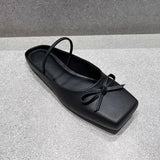 2025 Summer Elegant Black Square Toe Ballet Flats Shoes Women Butterfly Knot Slip On Comfy Walking Mules Shoes Outdoor Slides