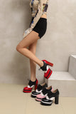 Bright Patent Leather Patchwork White PU Lace Up High Heels with Breathable Lining, Wavy and Serrated Patterns, Sweet Pumps
