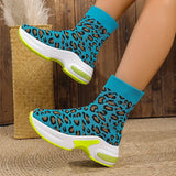 Fashion Leopard Print Platform Ankle Boots Women Comfy Slip On Breathable Knitted Boots Woman Plus Size 35-43 Wedges Short Boots