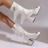 Plus Size Women White Patent Leather Fringe Tassel Mid Calf Boots Peep Toe Platform Block Heel Open Toe Party Club Heels