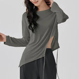Women's Slimming Long-Sleeved Yoga Suit Sports T-Shirt with Drawstring Waist for Pilates Outdoor Fitness Training