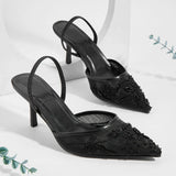 Nude 2 ways to wear Slingback Sandals Mules Big Size 42 Black Pointy Toe Mesh Embroidery Beading Thin High Heels Shoes Women
