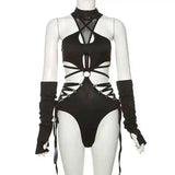 Hollow Out Sexy Cyber Y2k Bodysuits Gothic Mesh Patchwork Tops Female Glove Sleeve Mock Neck Bodysuit Fashion P4ZQ
