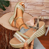 Bohemian Style Wedges Golden Sandals Women Plus Size 43 Summer Platfrom Heighten Sandals Woman Lightweight Ankle Buckle Sandles